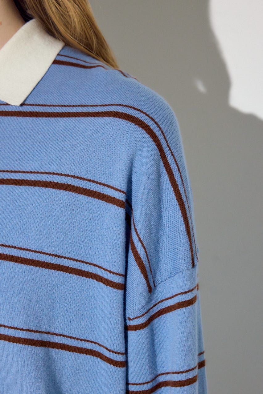 カシミヤミックスポロカラーボーダーニット 柄BLU FREE