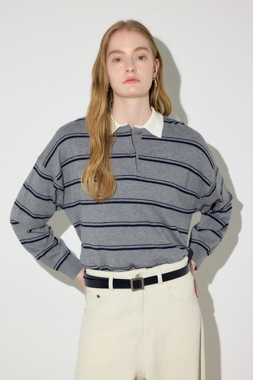 カシミヤミックスポロカラーボーダーニット 柄GRY FREE