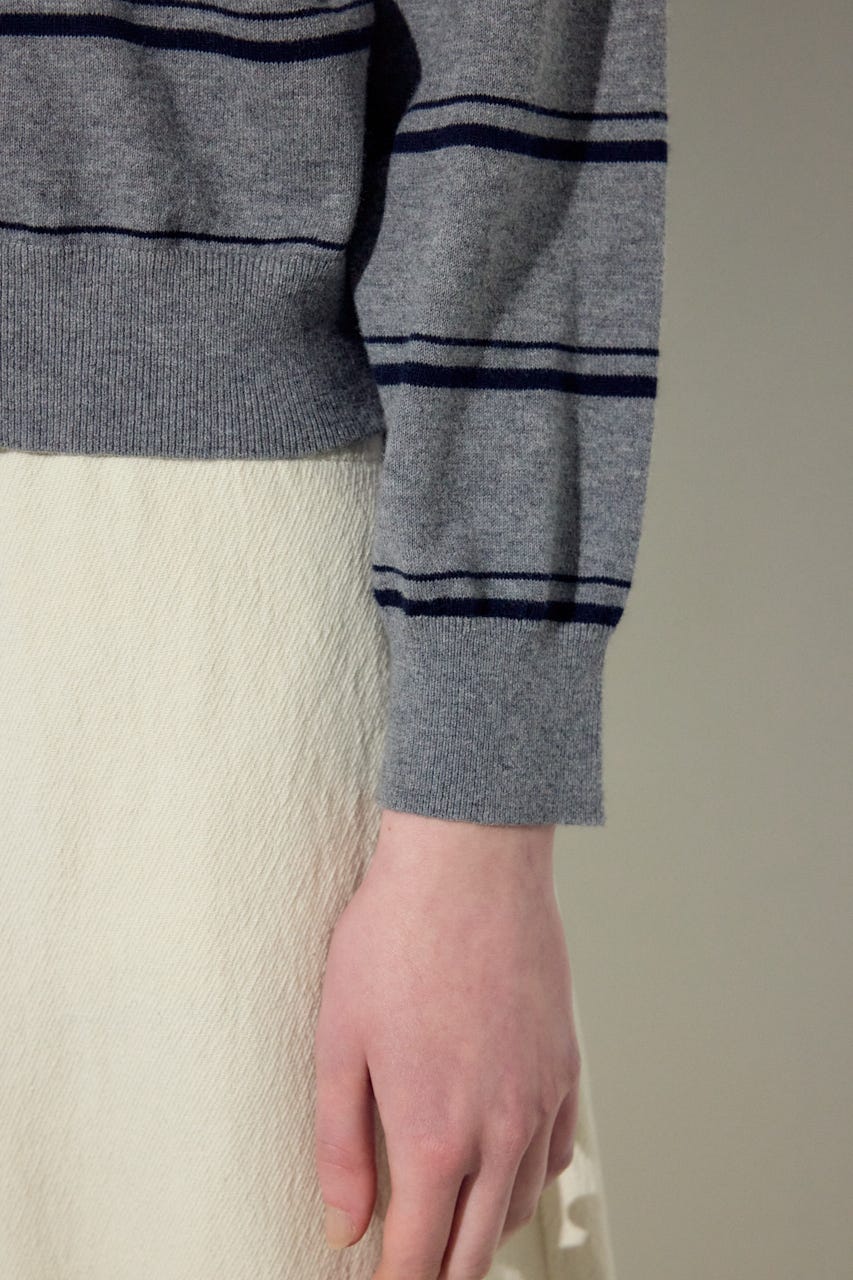 カシミヤミックスポロカラーボーダーニット 柄GRY FREE