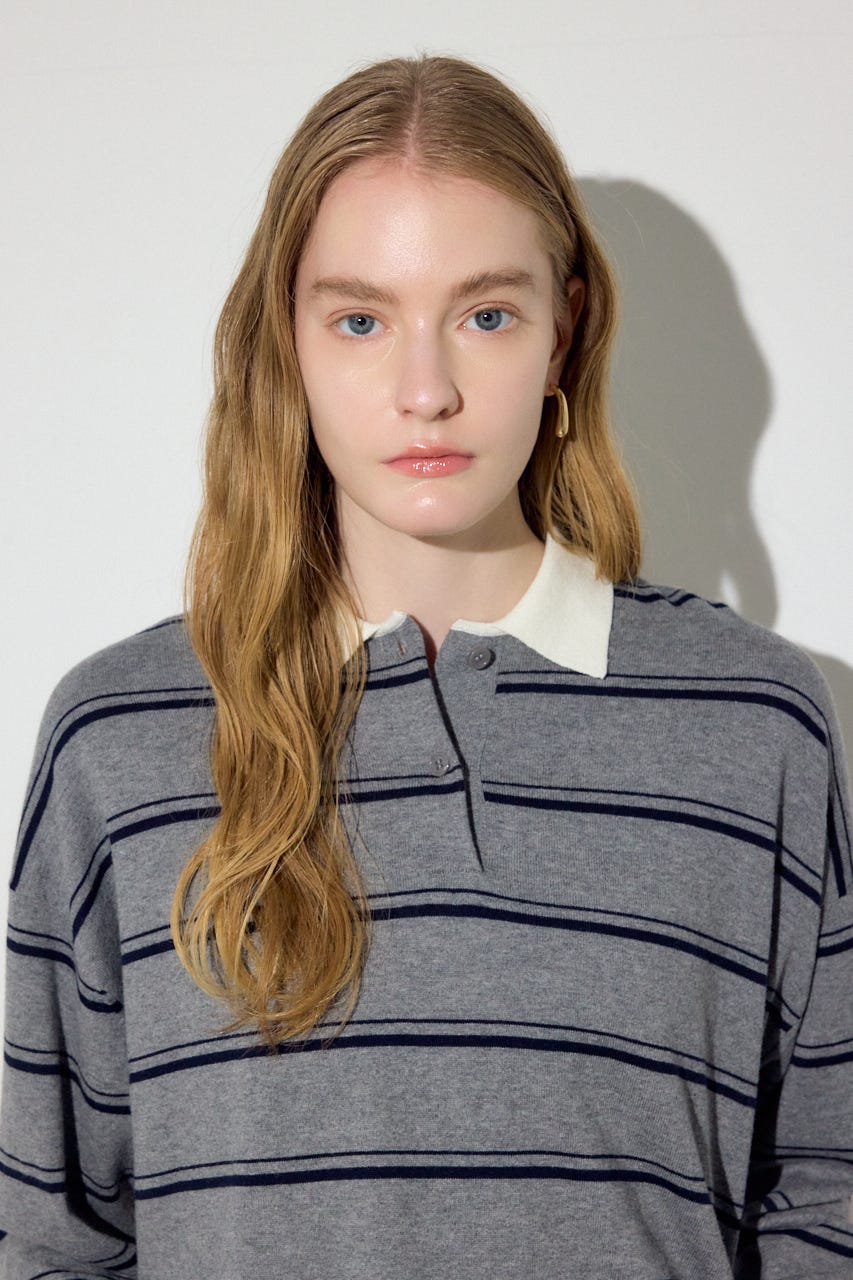 カシミヤミックスポロカラーボーダーニット 柄GRY FREE