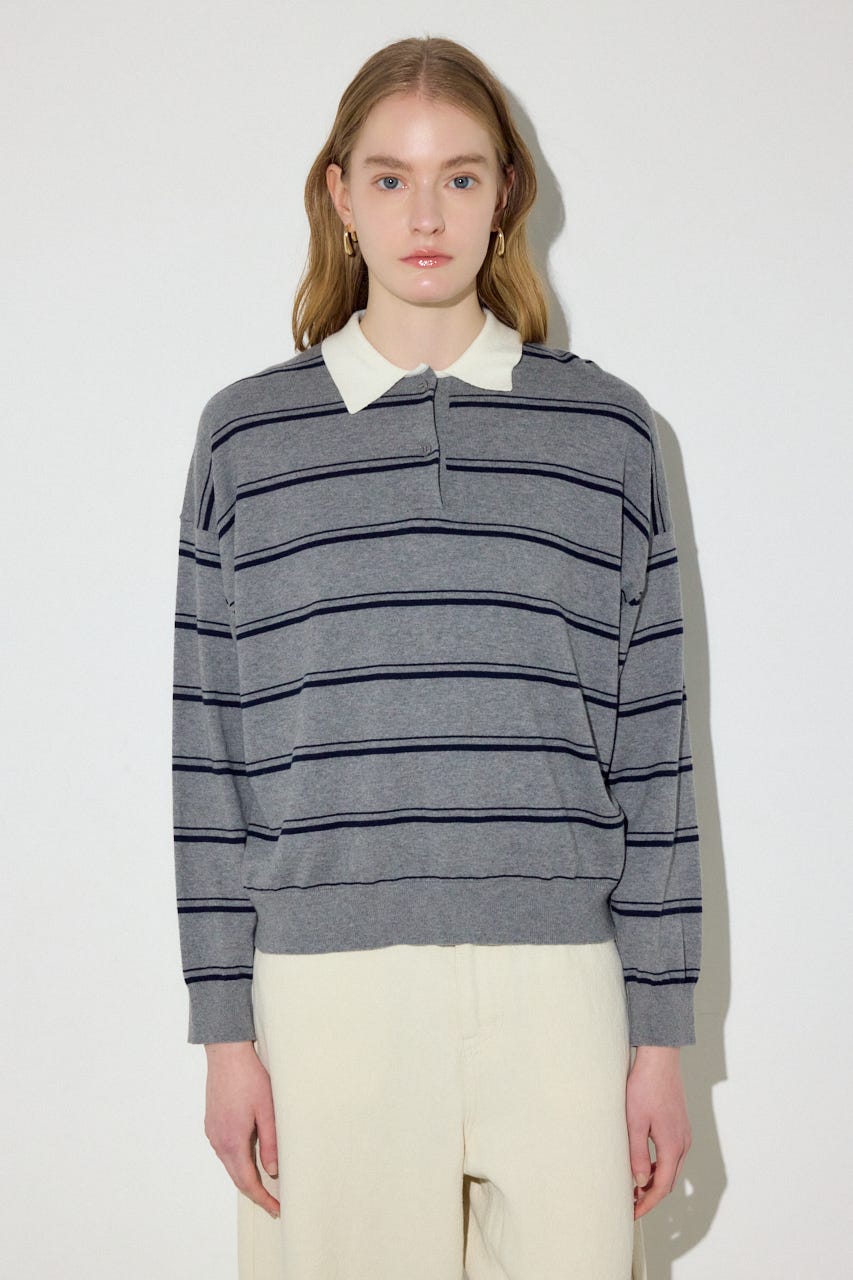 カシミヤミックスポロカラーボーダーニット 柄GRY FREE