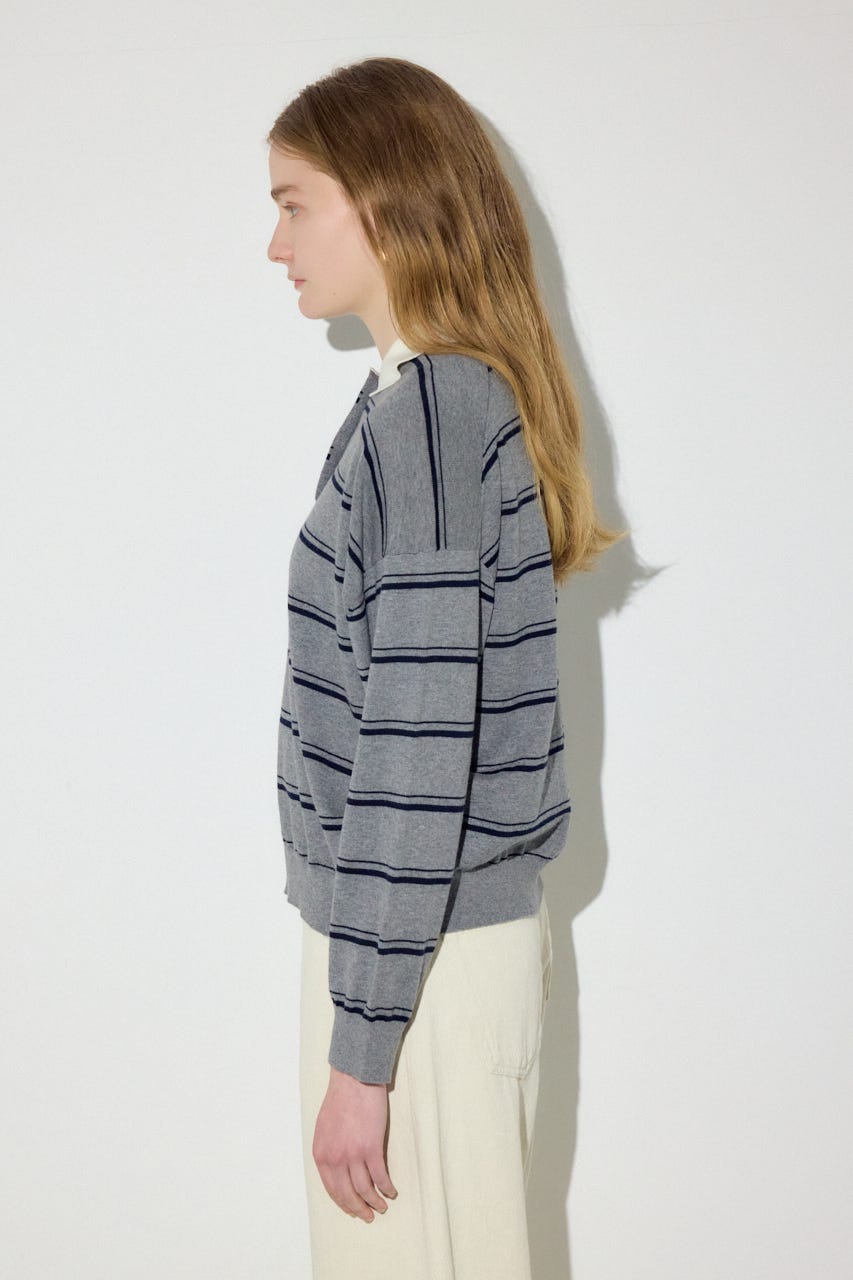 カシミヤミックスポロカラーボーダーニット 柄GRY FREE