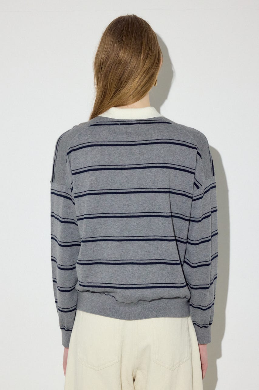 カシミヤミックスポロカラーボーダーニット 柄GRY FREE