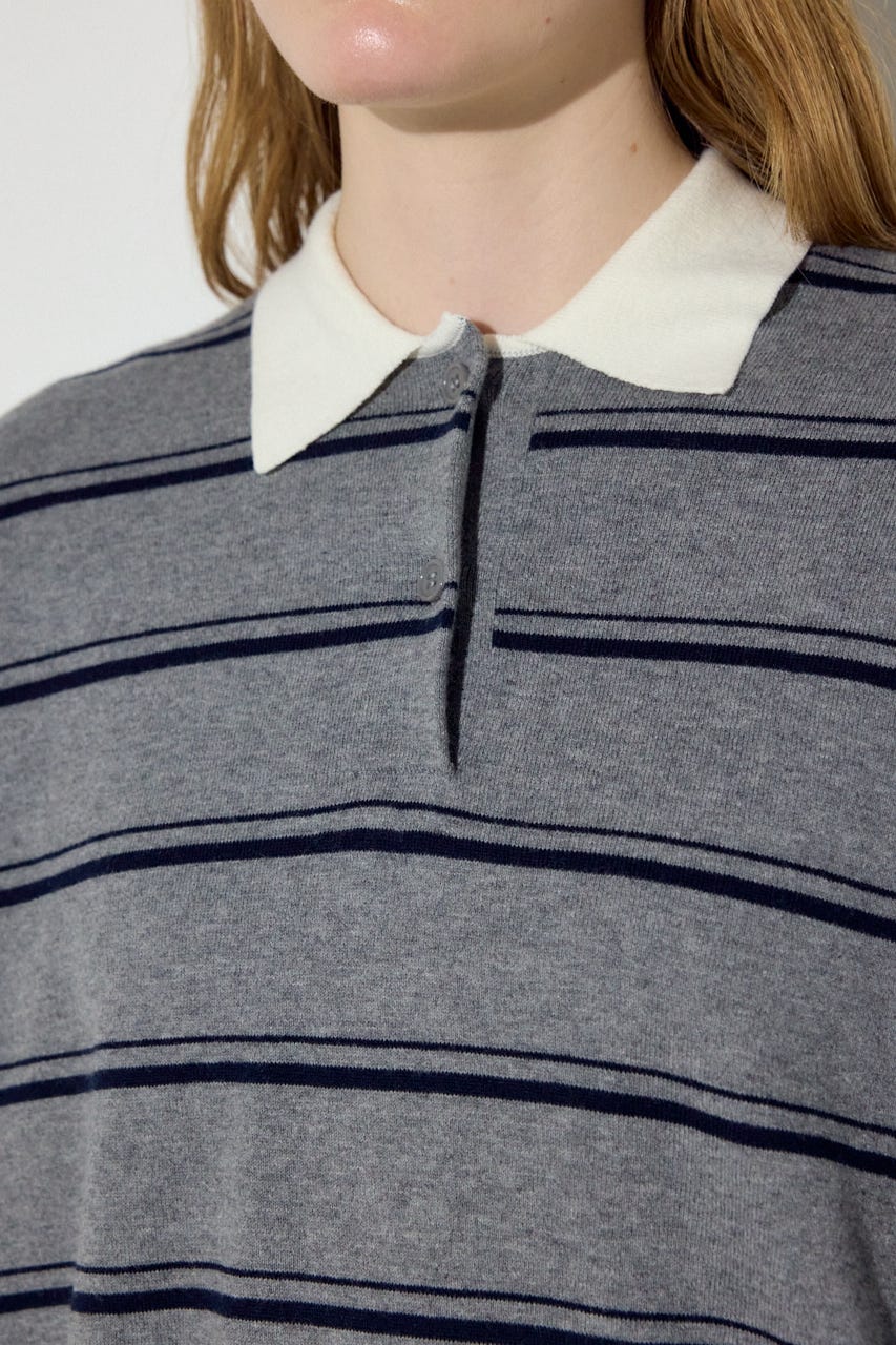 カシミヤミックスポロカラーボーダーニット 柄GRY FREE