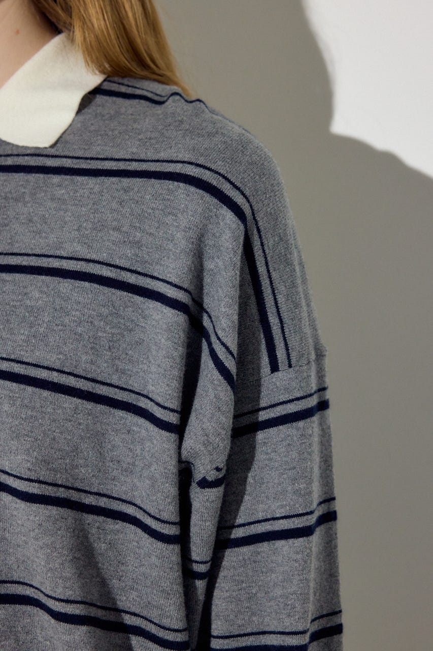 カシミヤミックスポロカラーボーダーニット 柄GRY FREE