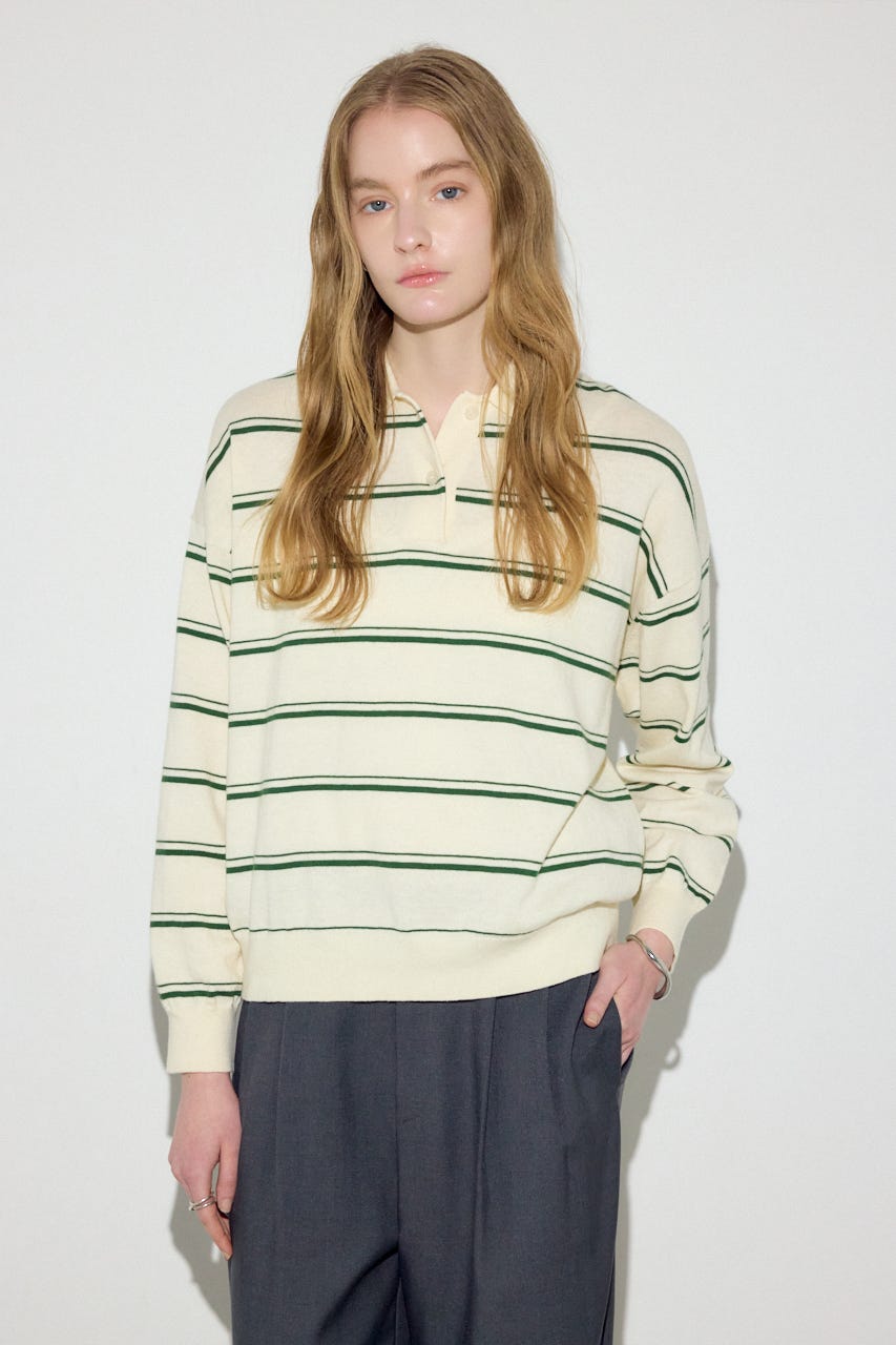 カシミヤミックスポロカラーボーダーニット 柄WHT FREE