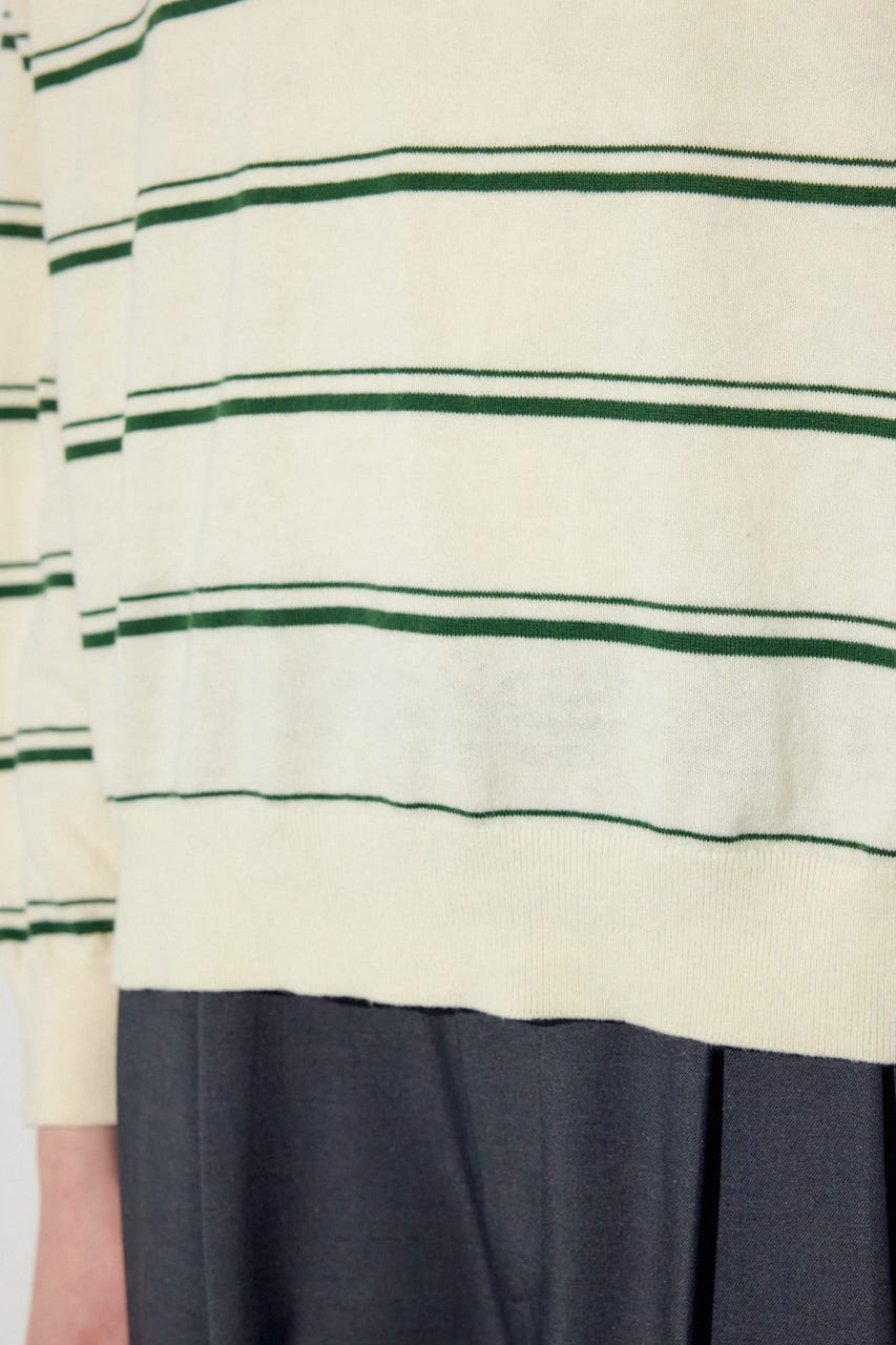 カシミヤミックスポロカラーボーダーニット 柄WHT FREE