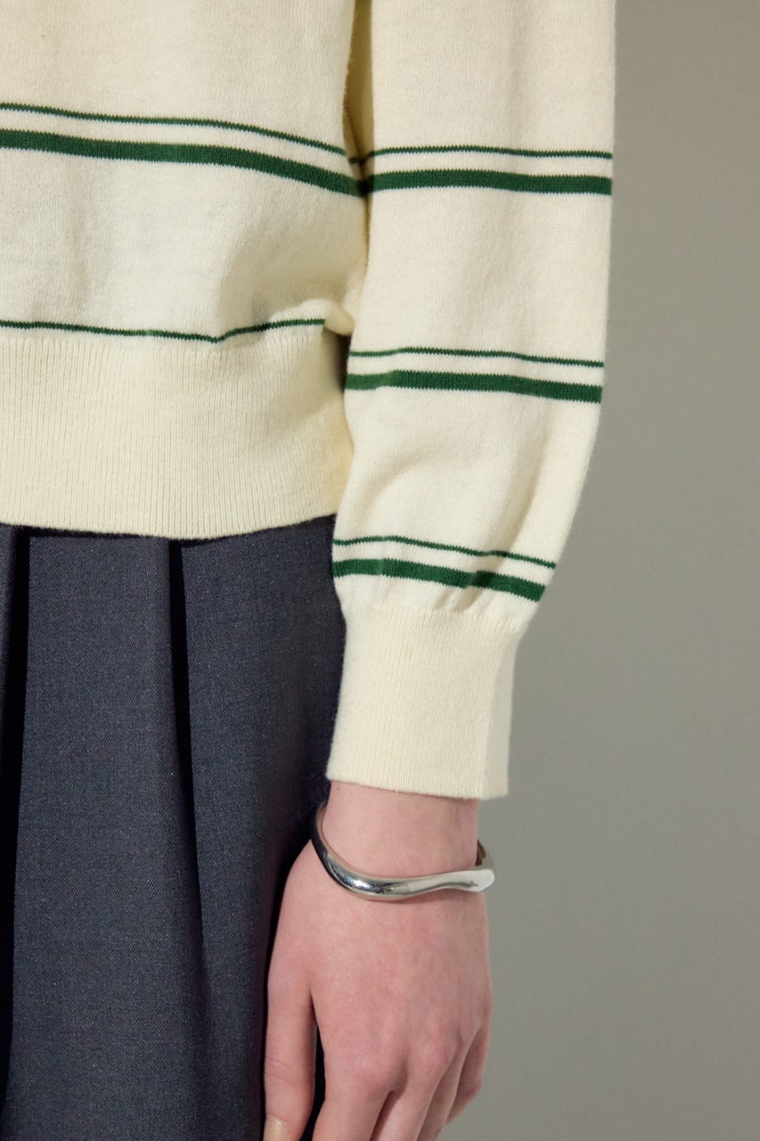 カシミヤミックスポロカラーボーダーニット 柄WHT FREE