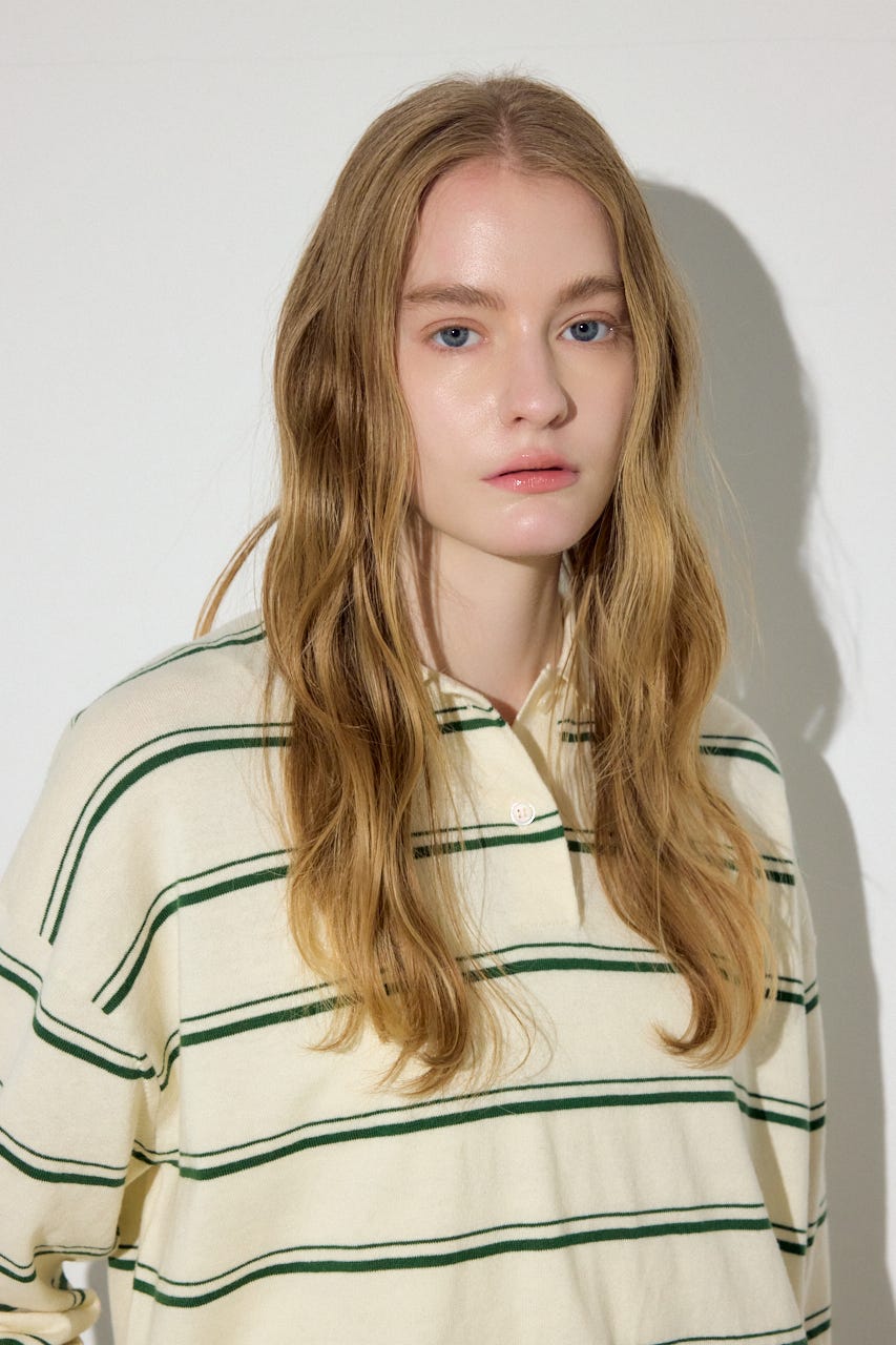 カシミヤミックスポロカラーボーダーニット 柄WHT FREE