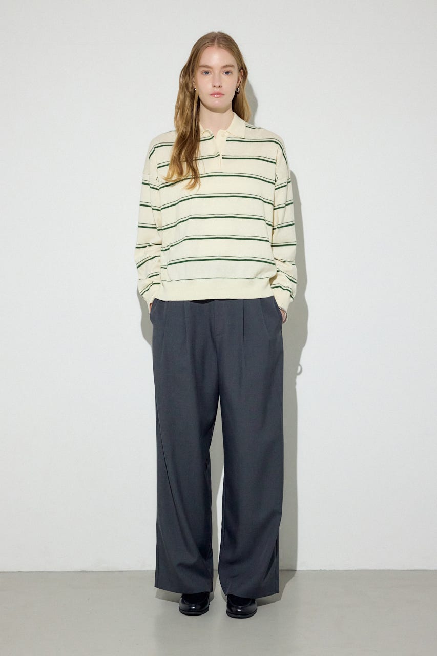 カシミヤミックスポロカラーボーダーニット 柄WHT FREE