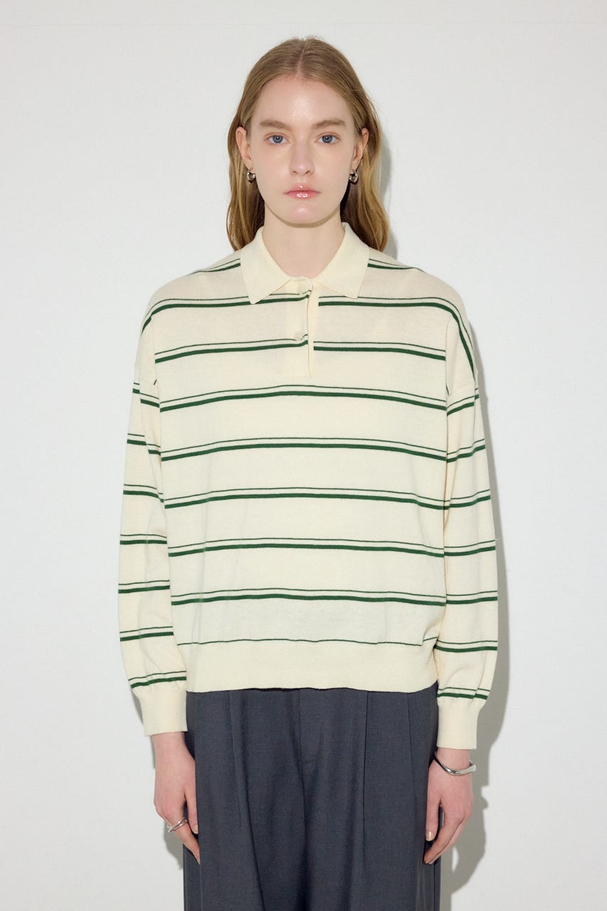 カシミヤミックスポロカラーボーダーニット 柄WHT FREE