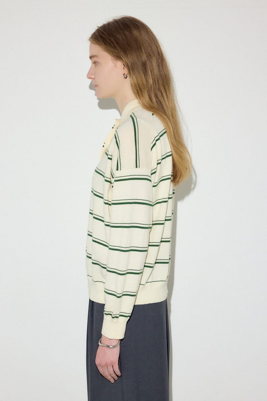 カシミヤミックスポロカラーボーダーニット 柄WHT FREE