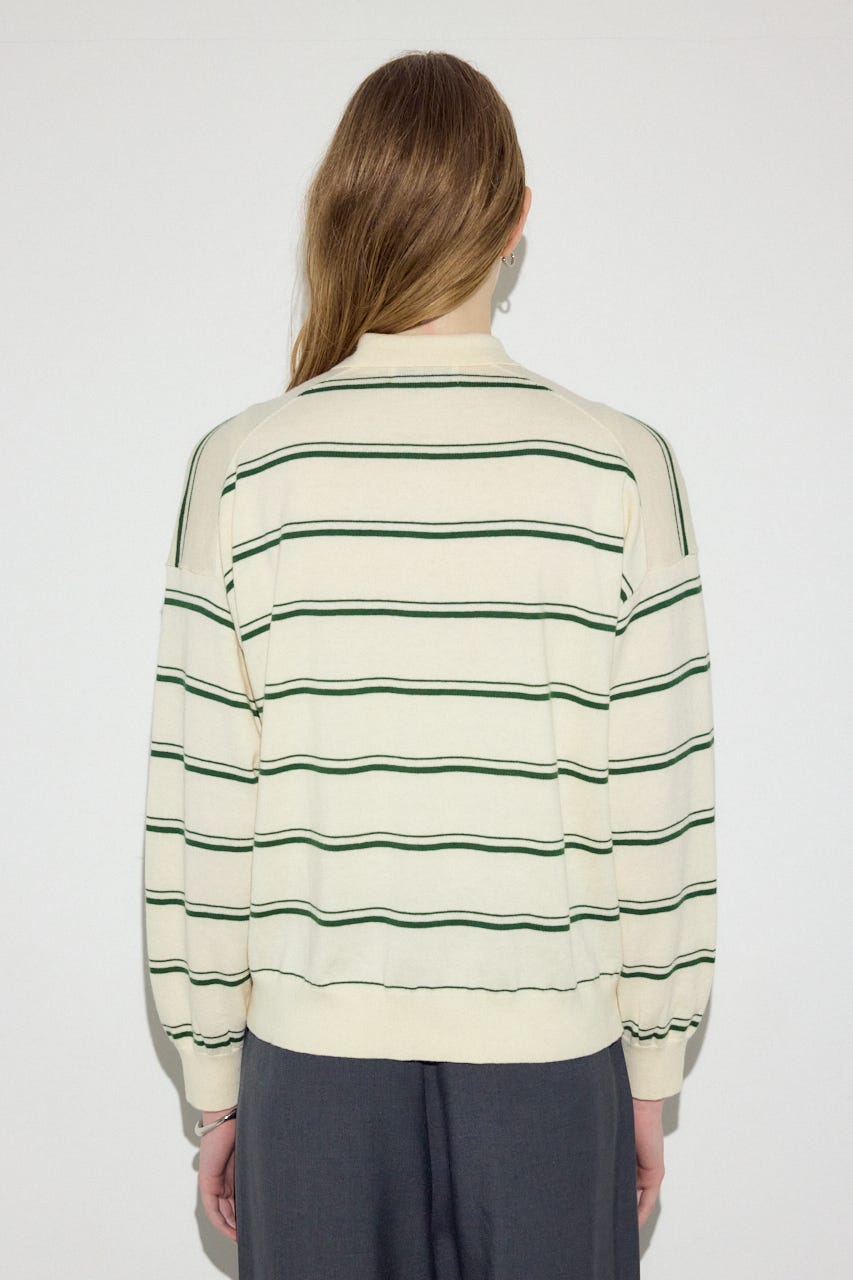 カシミヤミックスポロカラーボーダーニット 柄WHT FREE