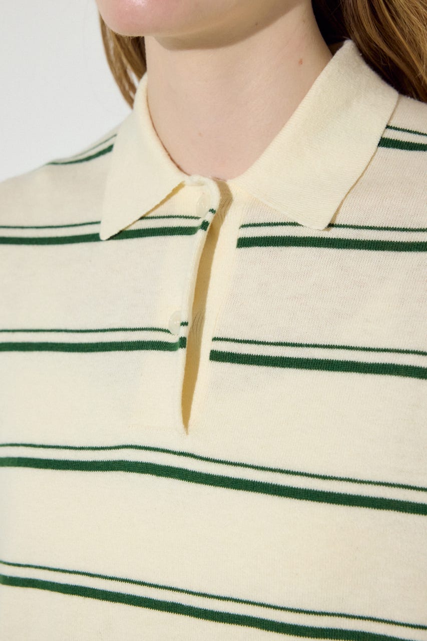 カシミヤミックスポロカラーボーダーニット 柄WHT FREE