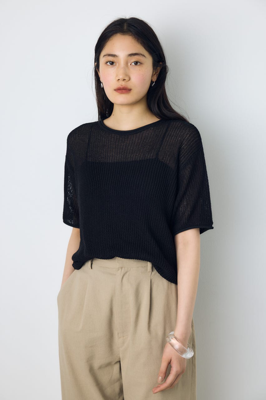 畔編み半袖ニットトップス BLK S
