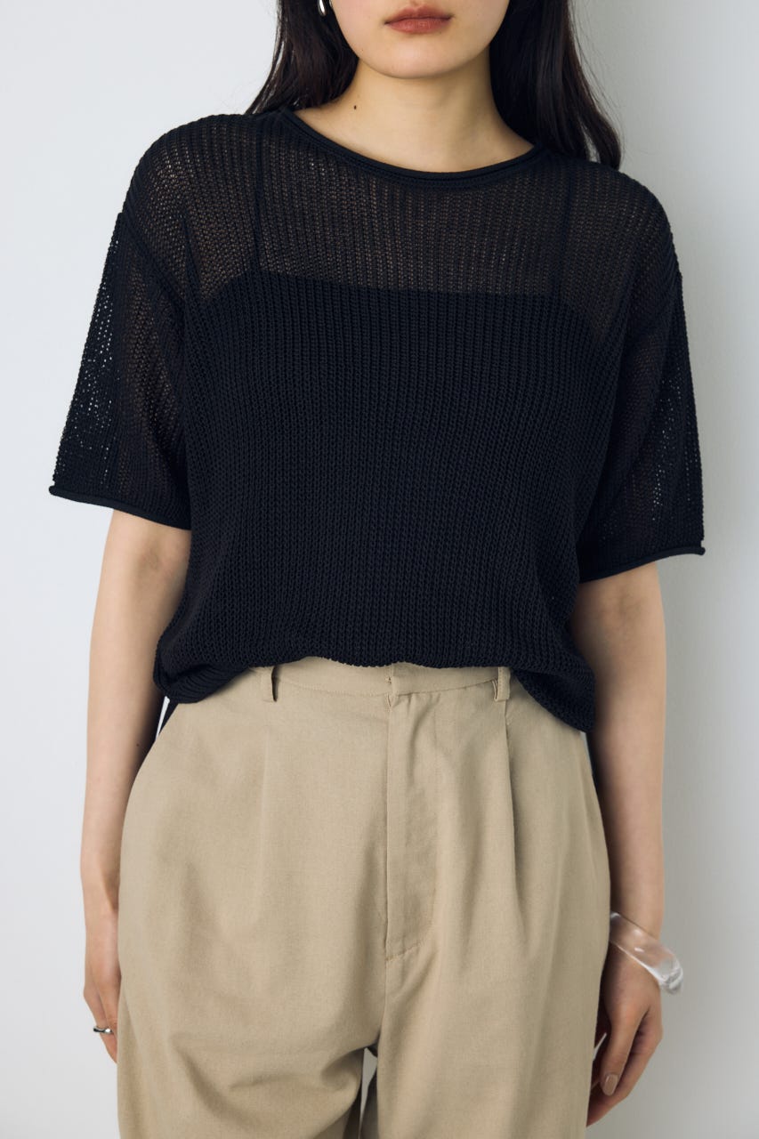 畔編み半袖ニットトップス BLK S