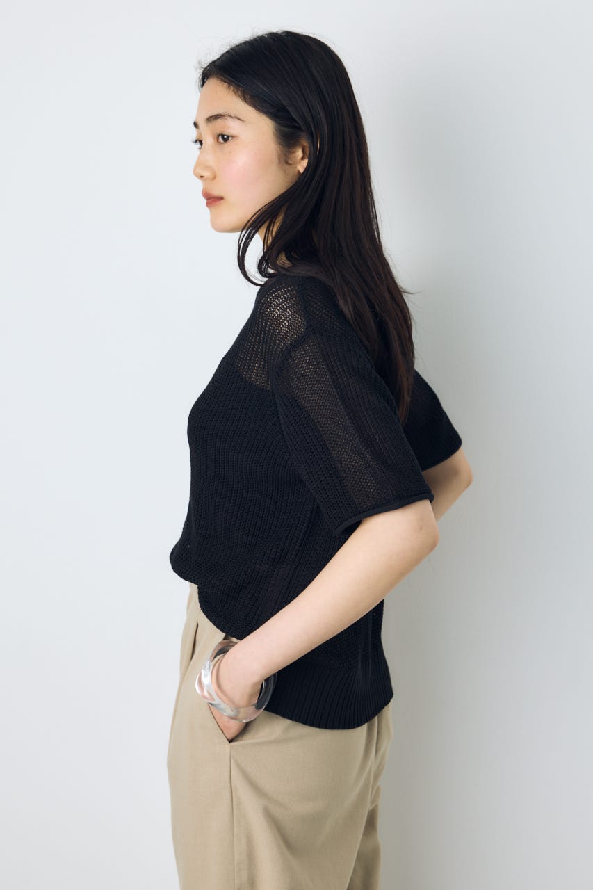 畔編み半袖ニットトップス BLK S