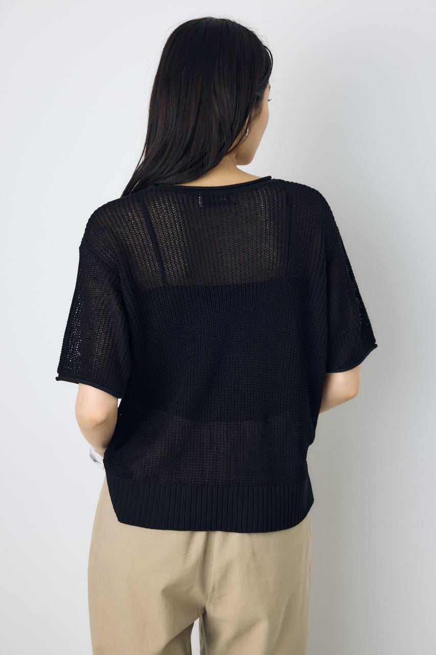 畔編み半袖ニットトップス BLK S
