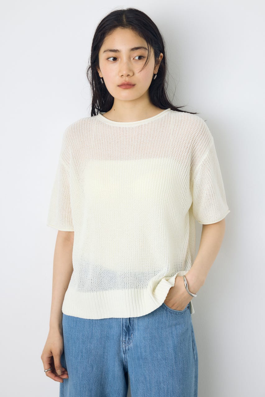 畔編み半袖ニットトップス O/WHT S