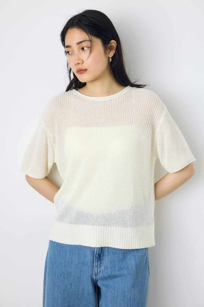 畔編み半袖ニットトップス O/WHT S