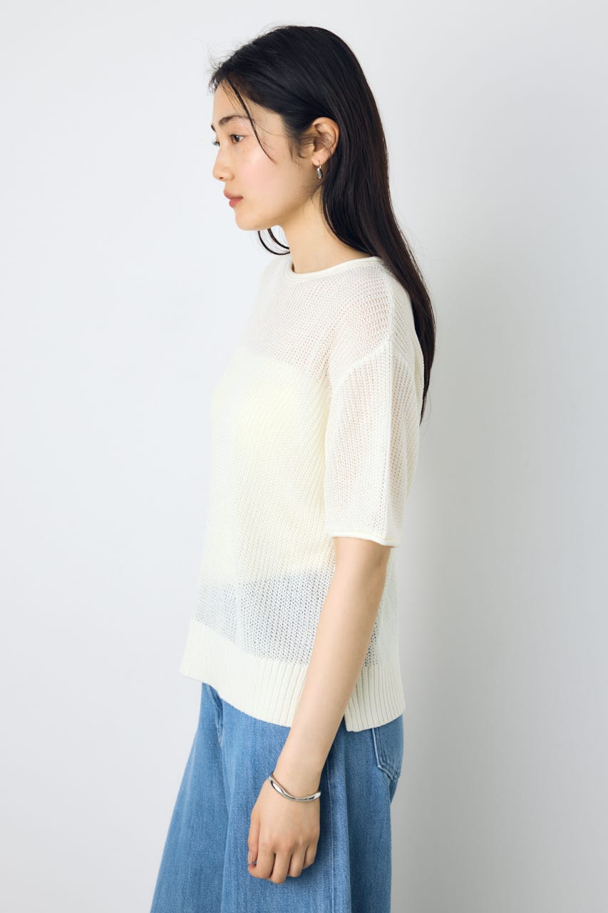 畔編み半袖ニットトップス O/WHT S