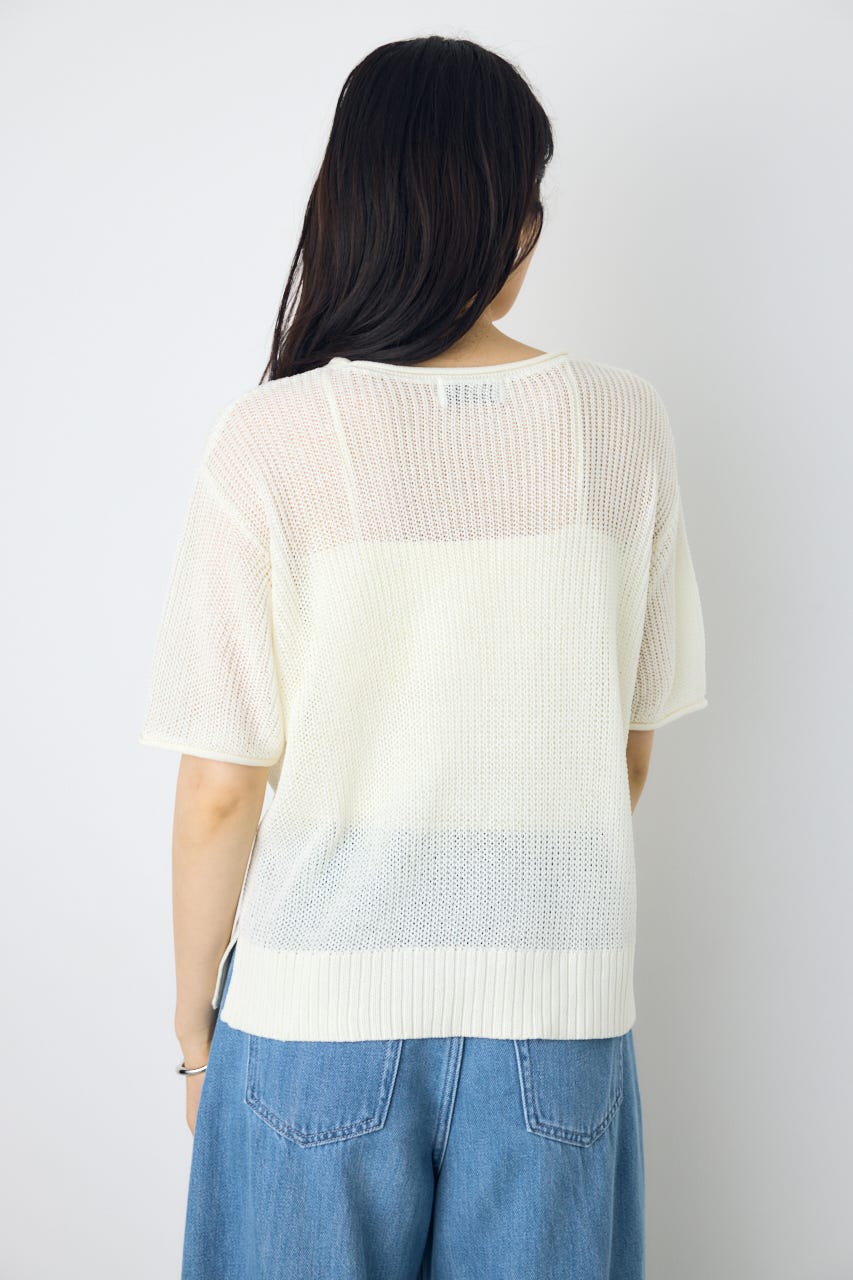 畔編み半袖ニットトップス O/WHT S