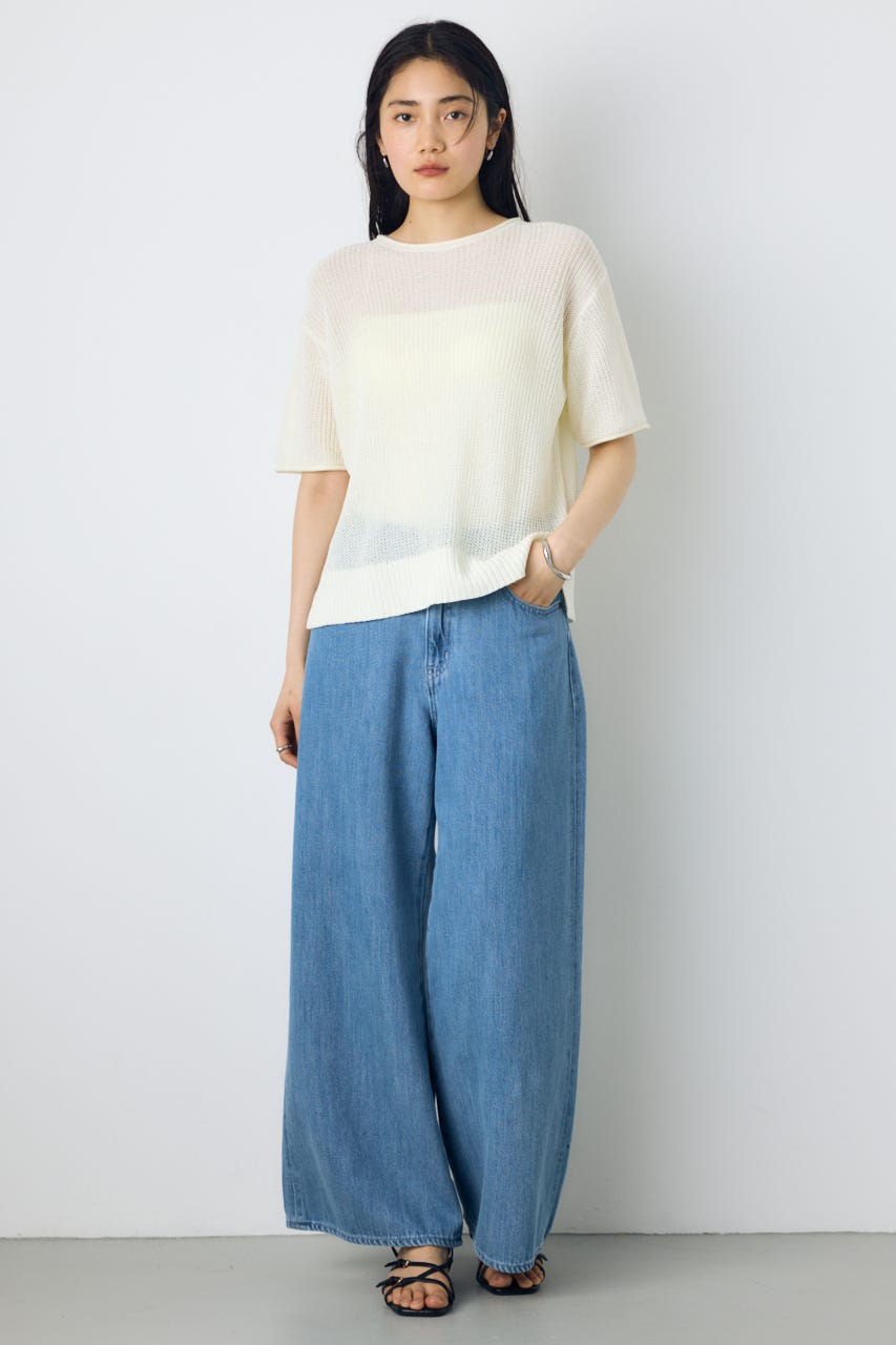 畔編み半袖ニットトップス O/WHT S