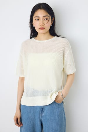 畔編み半袖ニットトップス