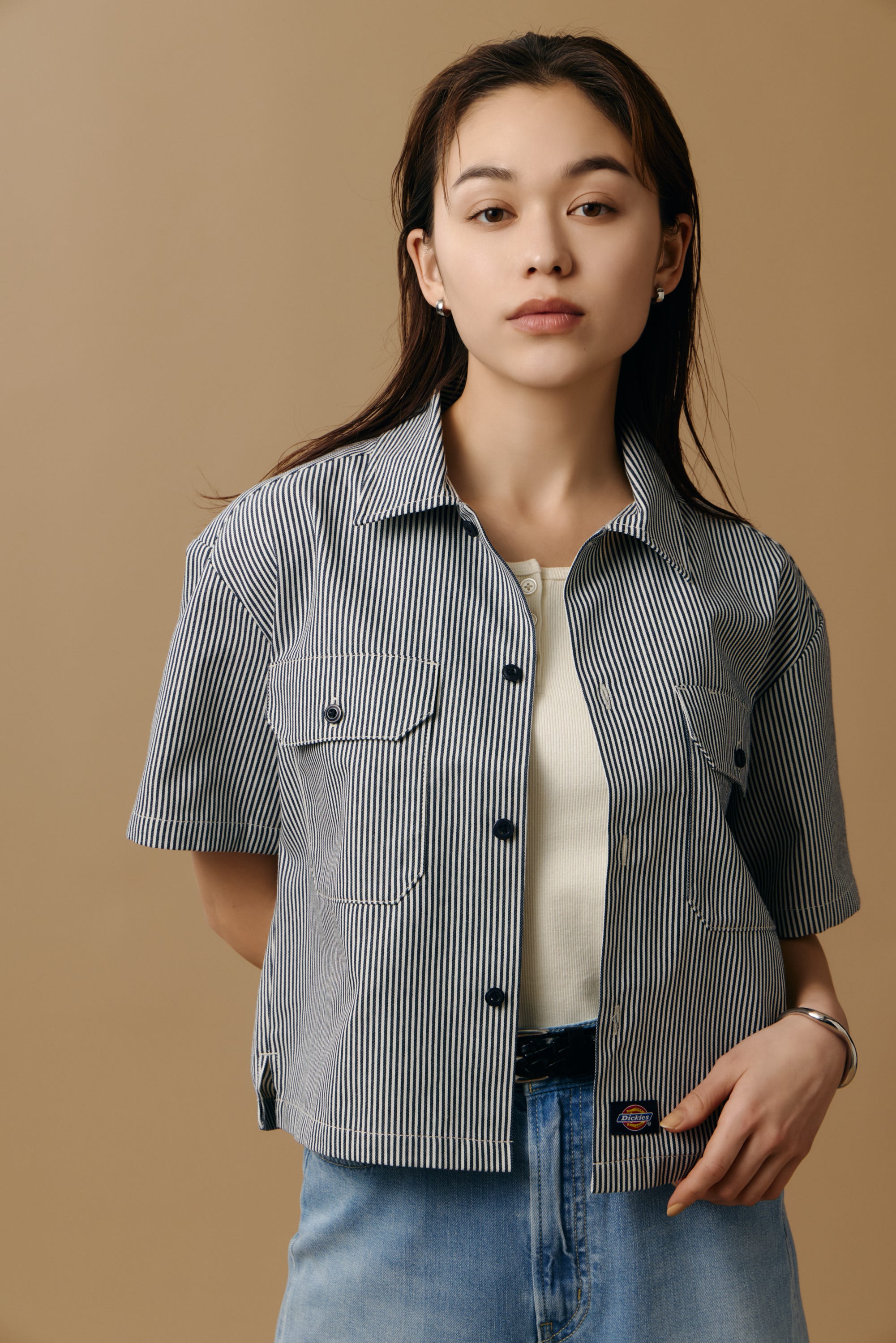 【Dickies（R）×AZUL】ワークシャツ Stripe M