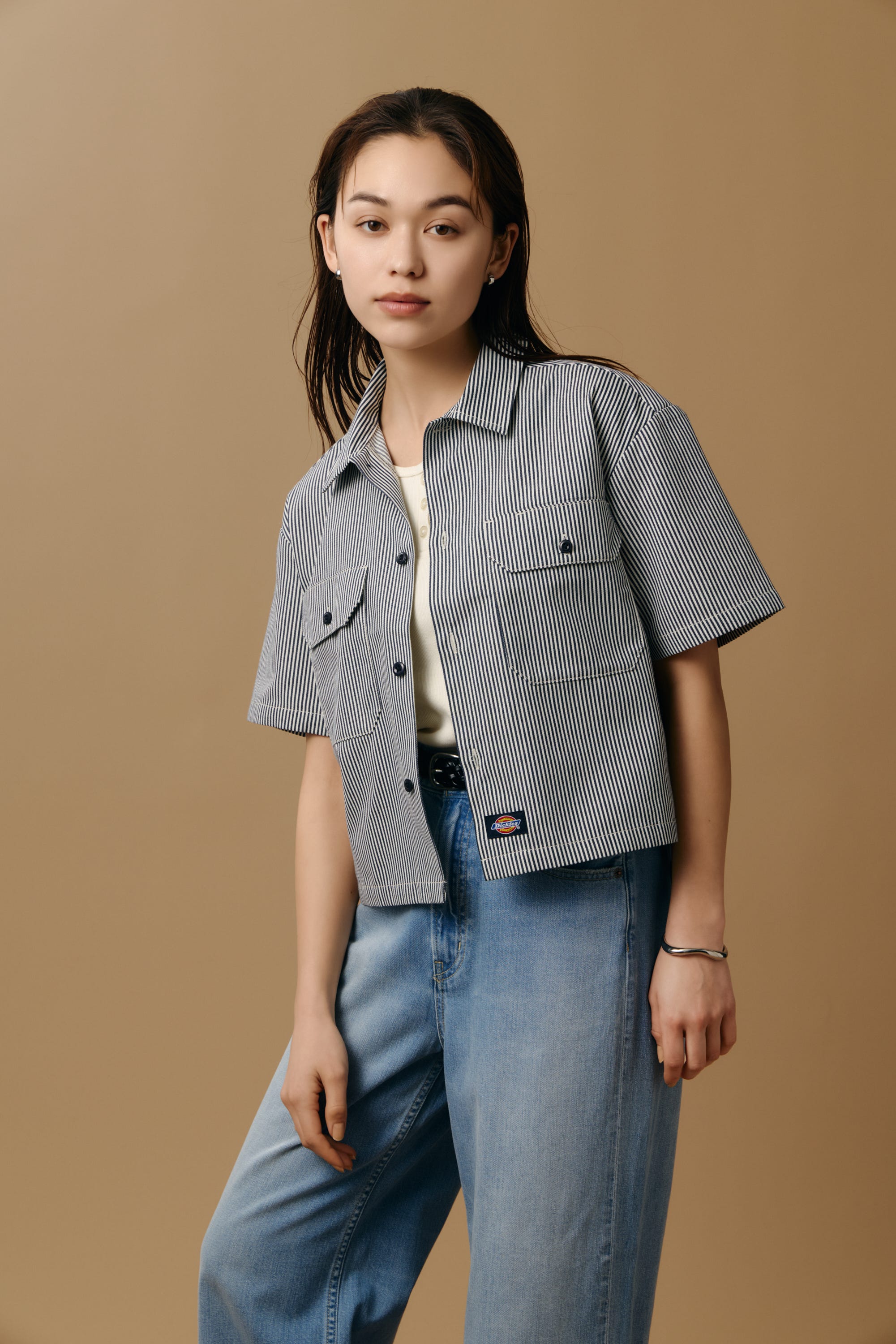 【Dickies（R）×AZUL】ワークシャツ Stripe M