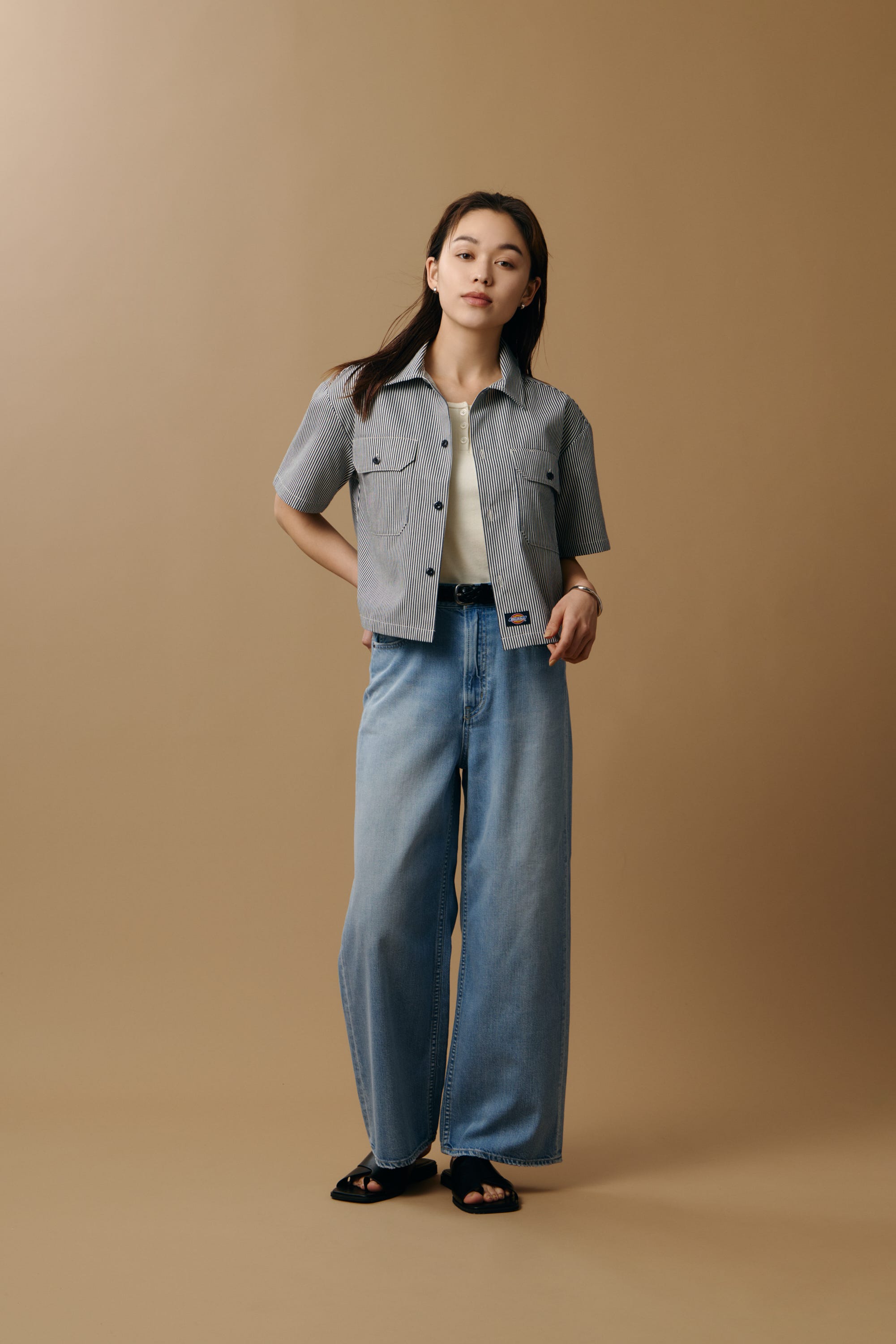 【Dickies（R）×AZUL】ワークシャツ Stripe M