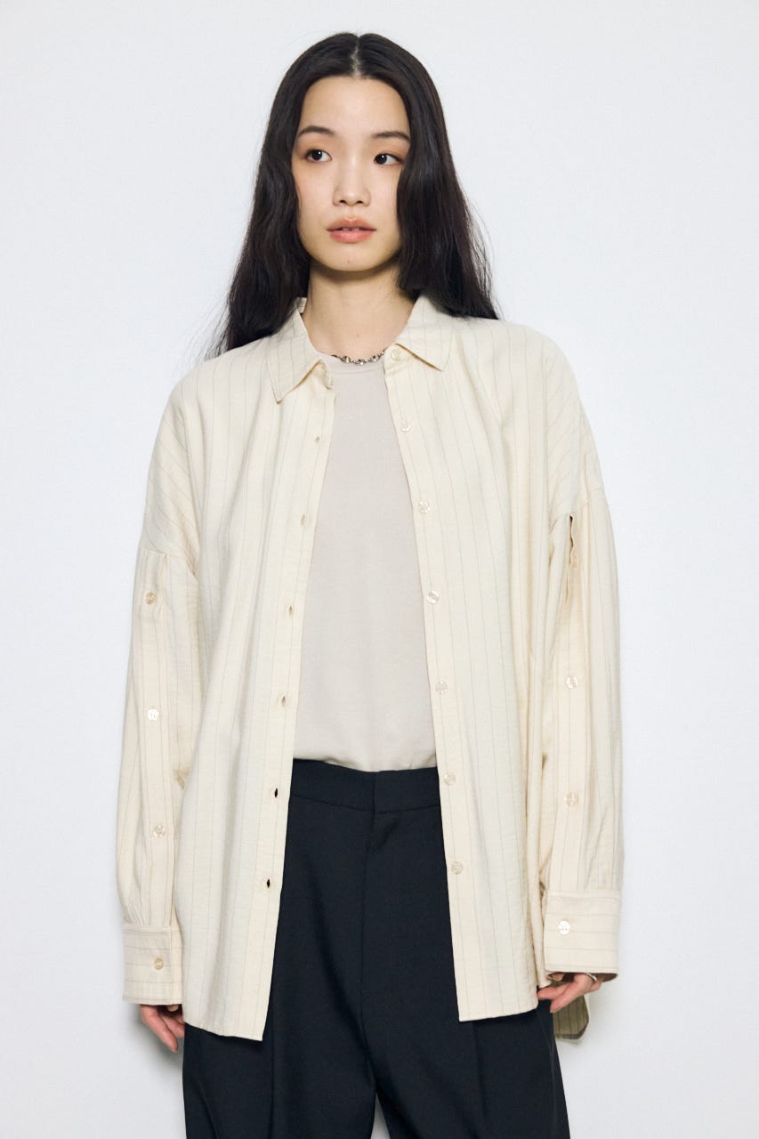 スリーブボタンストライプシャツ 柄BEG M