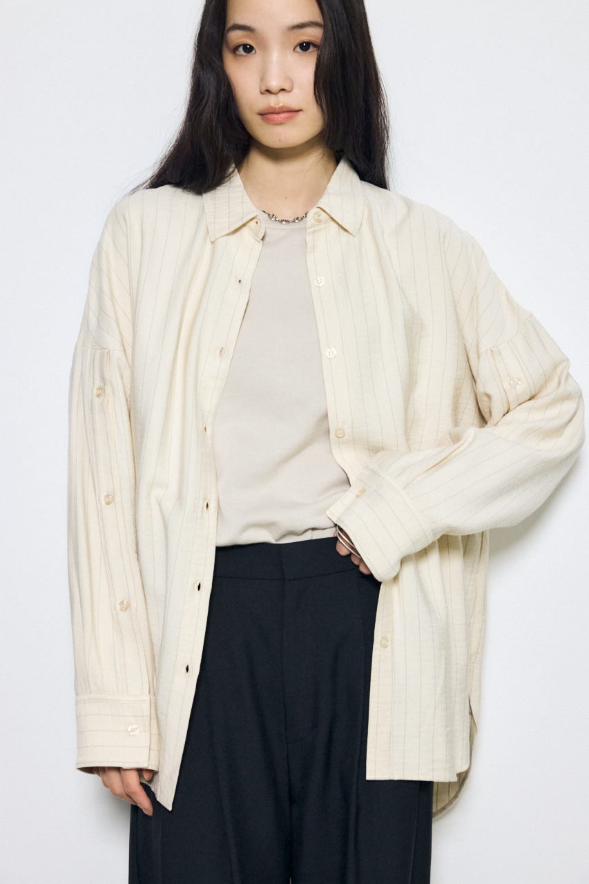 スリーブボタンストライプシャツ 柄BEG M