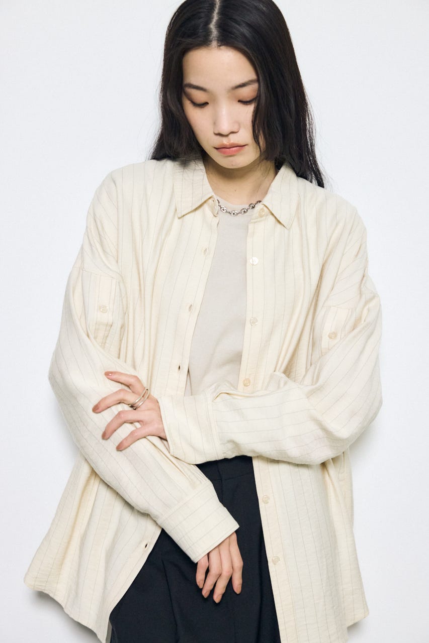 スリーブボタンストライプシャツ 柄BEG M