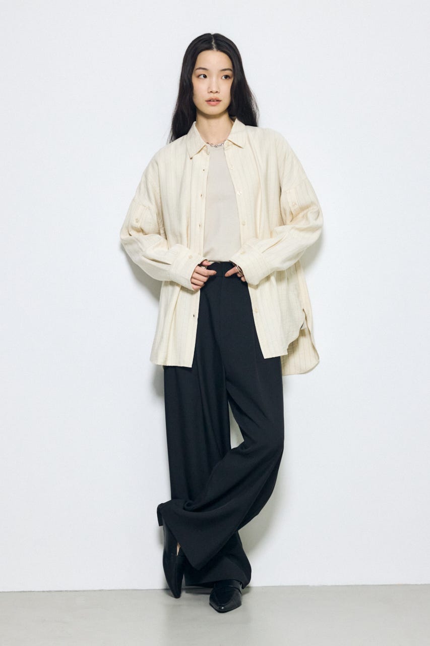 スリーブボタンストライプシャツ 柄BEG M