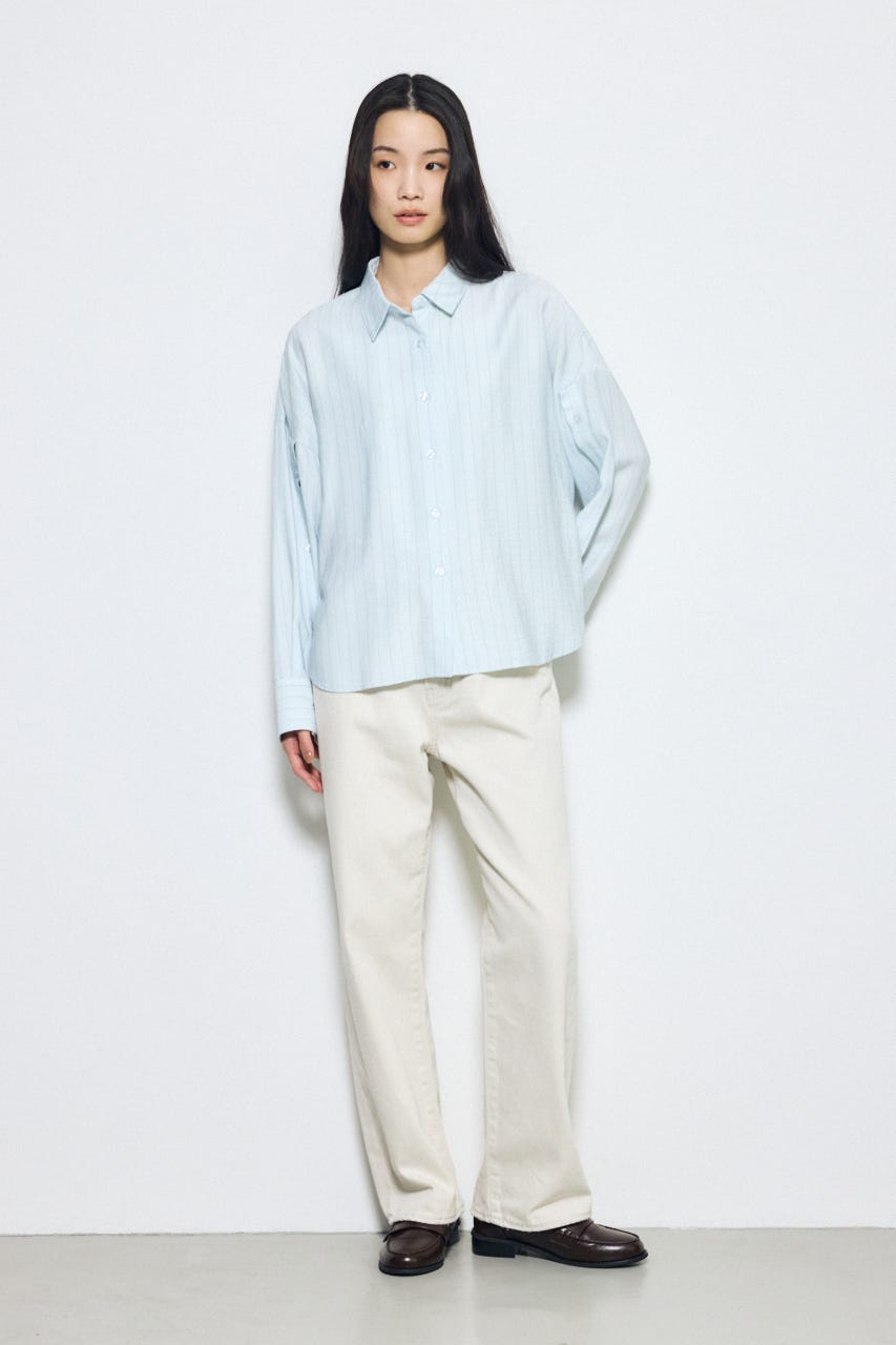 スリーブボタンストライプシャツ 柄BLU S