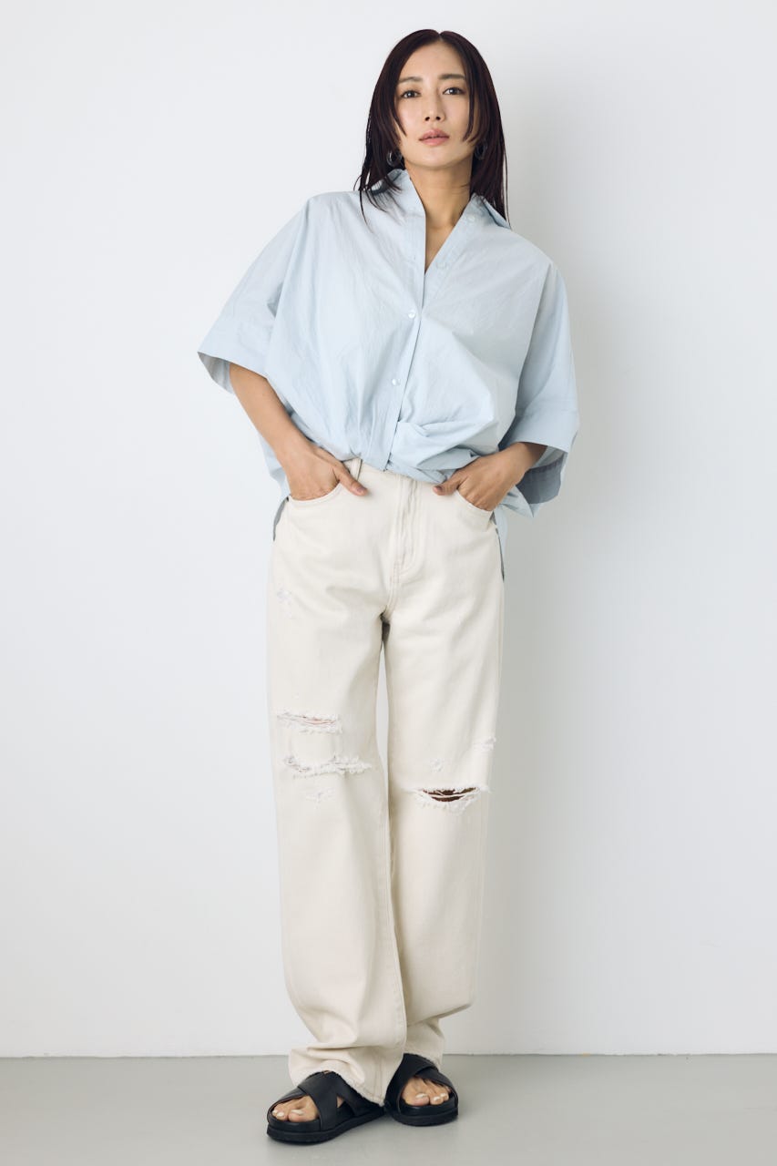 フロントタック半袖ドルマンブラウス SAX M