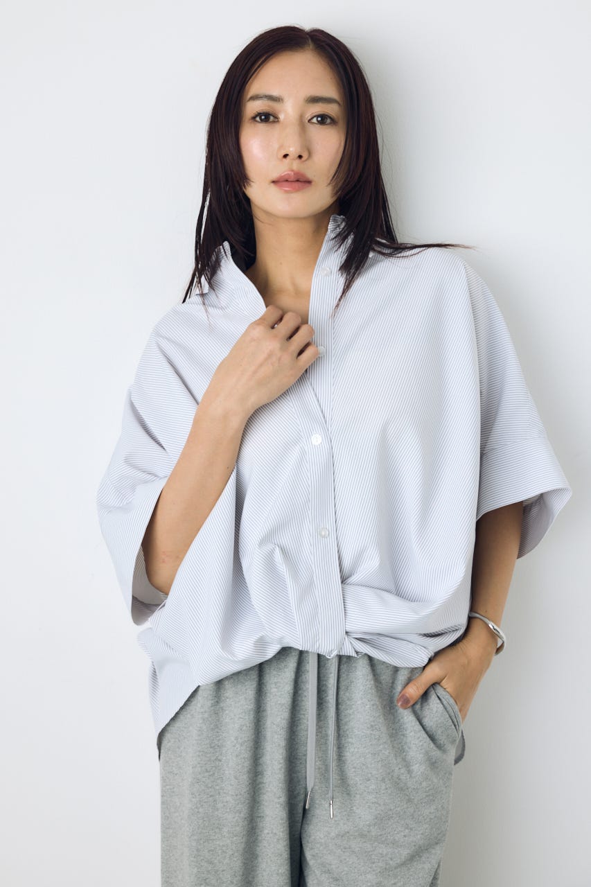 フロントタック半袖ドルマンブラウス Stripe M