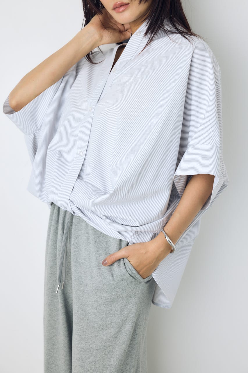 フロントタック半袖ドルマンブラウス Stripe M