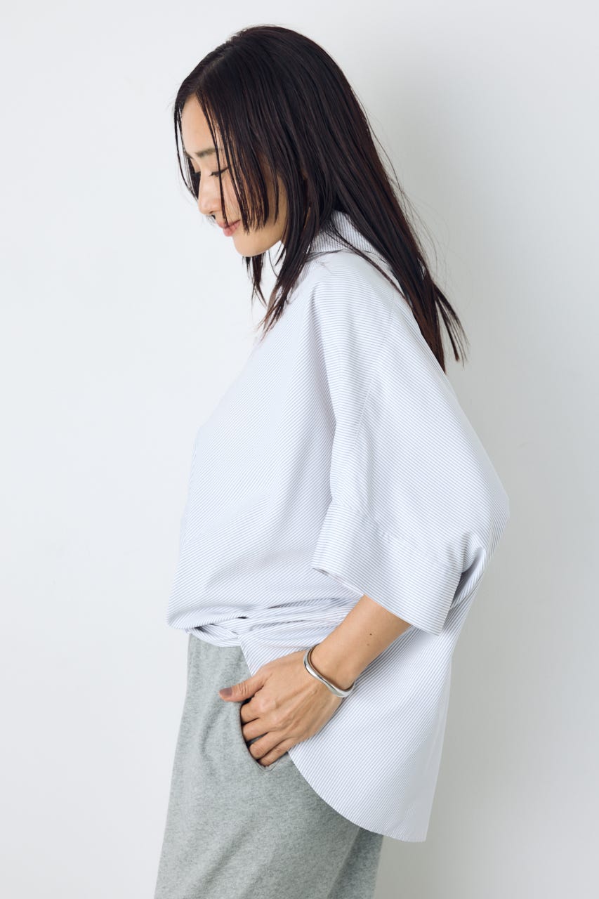 フロントタック半袖ドルマンブラウス Stripe M