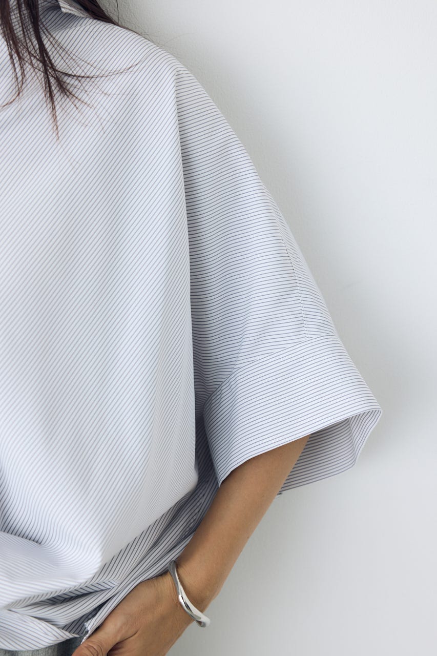 フロントタック半袖ドルマンブラウス Stripe M