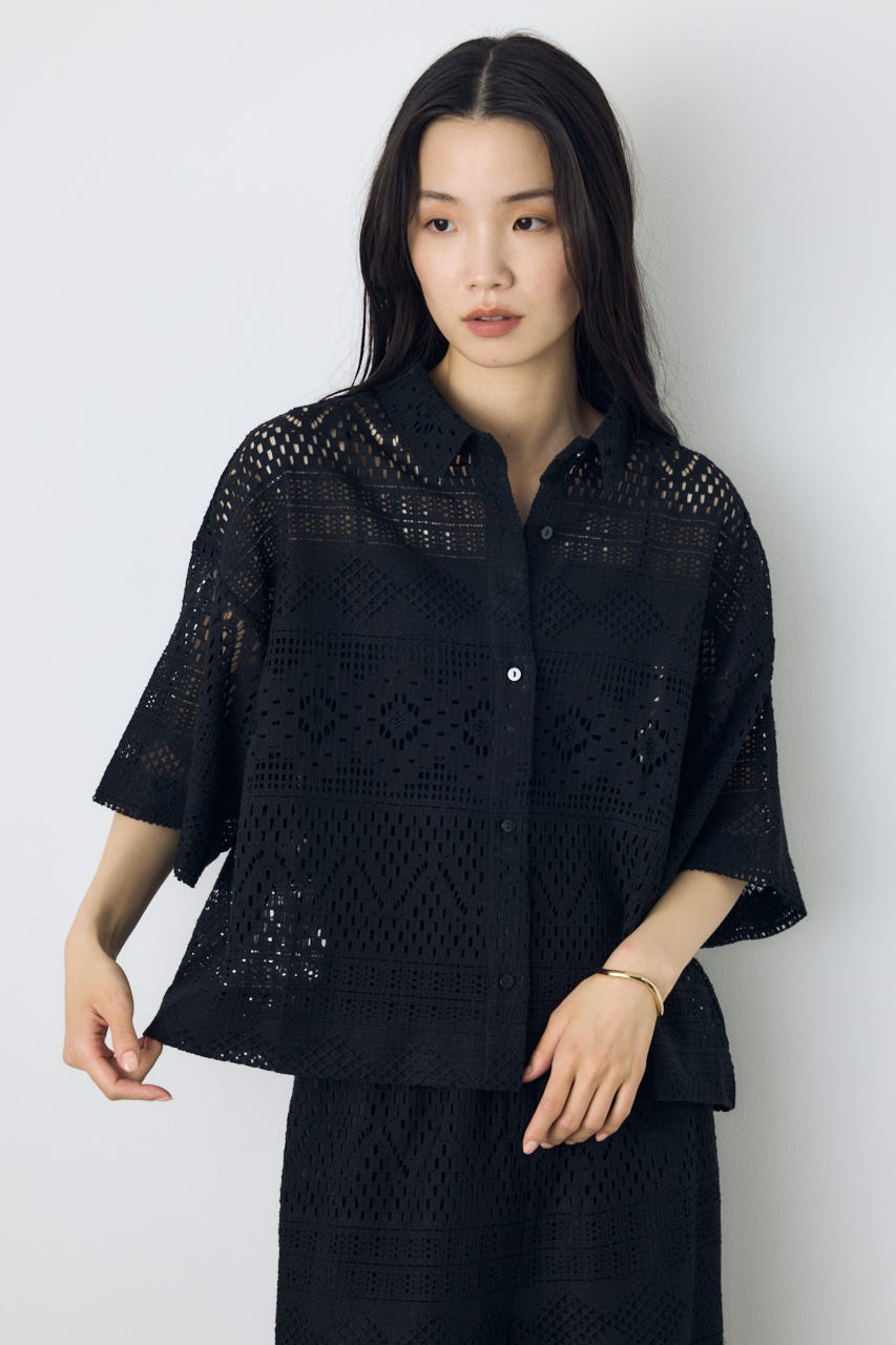 【着丈バリエ】レースハーフスリーブシャツ BLK S
