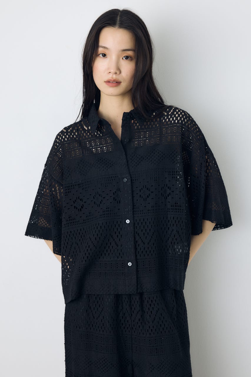 【着丈バリエ】レースハーフスリーブシャツ BLK S