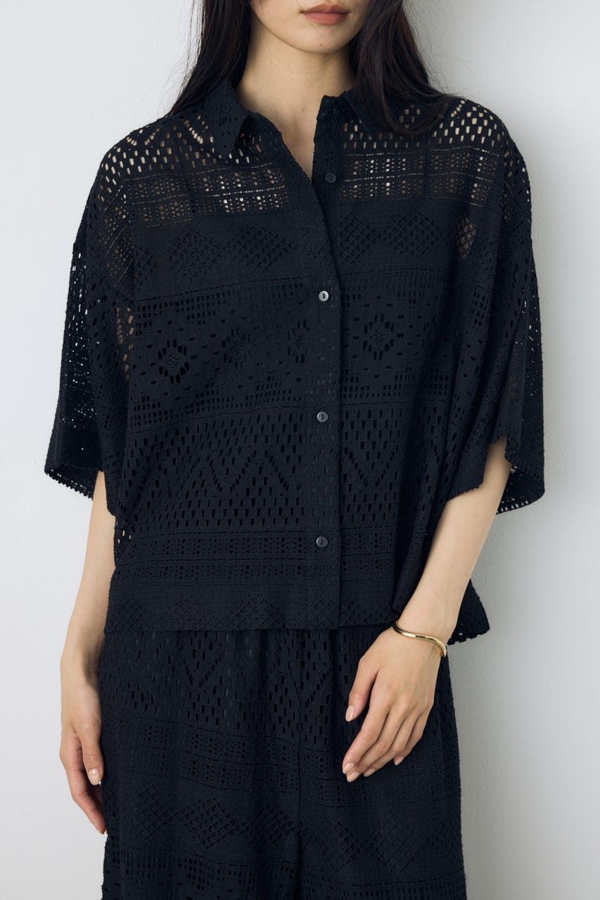 【着丈バリエ】レースハーフスリーブシャツ BLK S