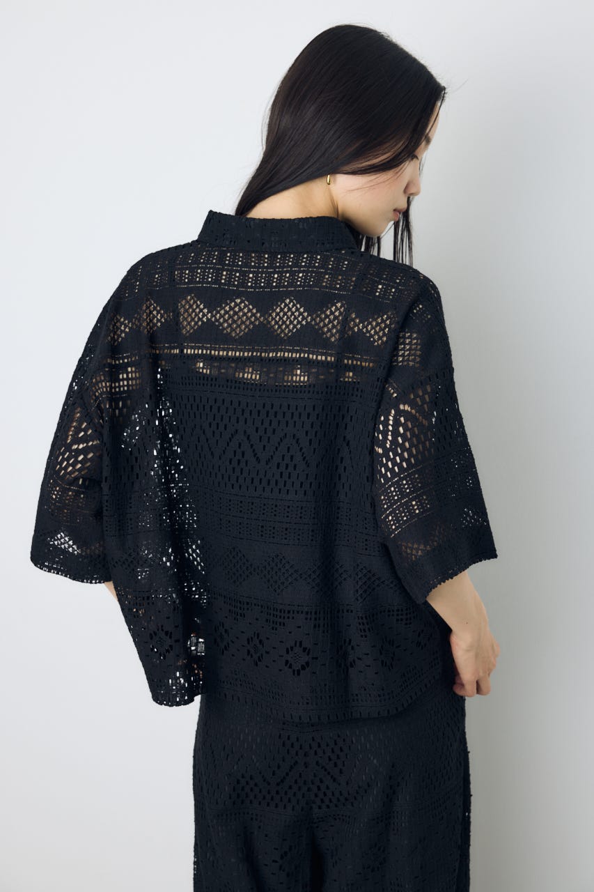 【着丈バリエ】レースハーフスリーブシャツ BLK S