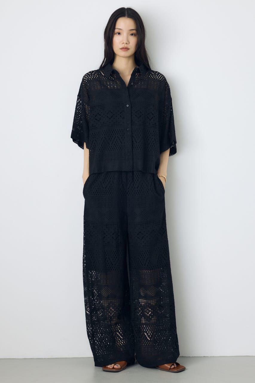 【着丈バリエ】レースハーフスリーブシャツ BLK S