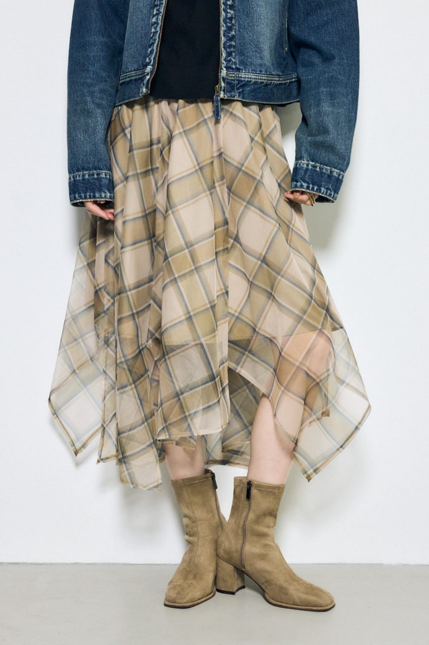 シアーチェックハンカチーフヘムスカート 柄BEG FREE