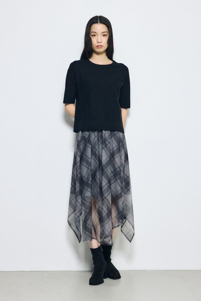 シアーチェックハンカチーフヘムスカート 柄BLK FREE
