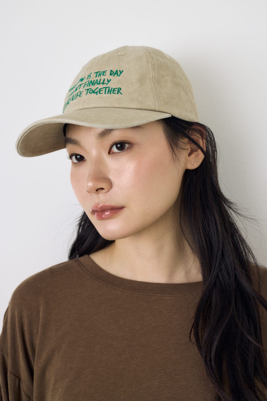 ウォッシュ加工フロントメッセージキャップ BEG FREE