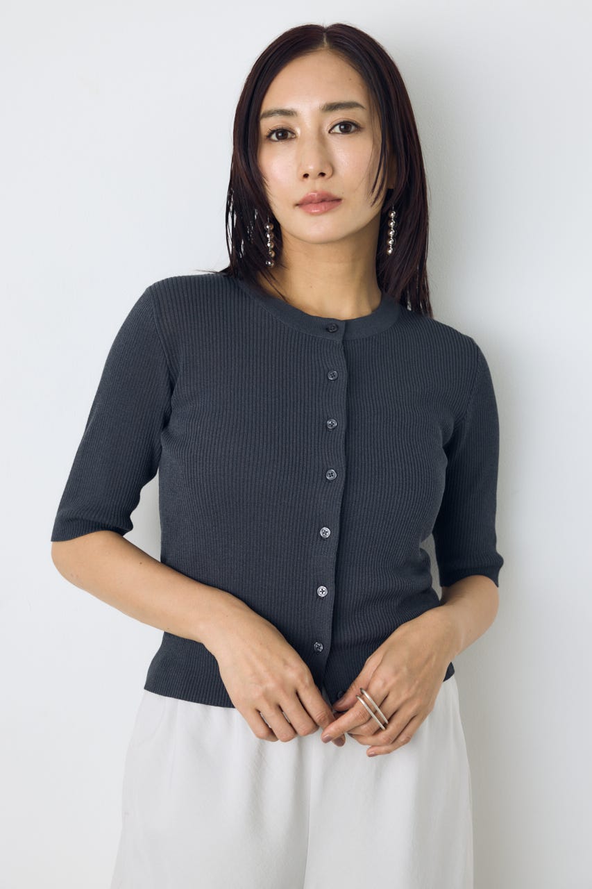 シアーリブ5分袖カーディガン L/BLK S